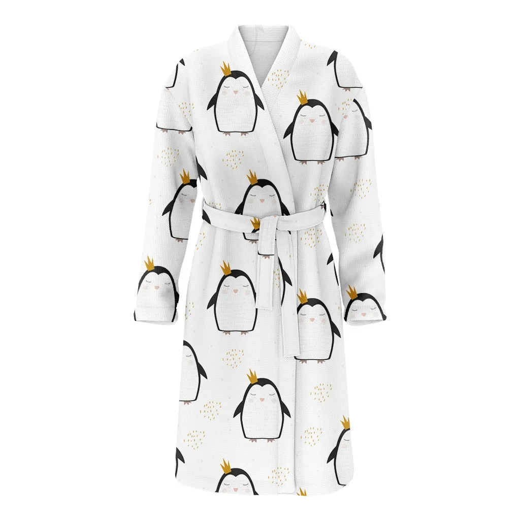 Christmas Winter With Cute Gold Penguin Princess Family Matching Kimono Bathrobe Satin Fleece Robe
