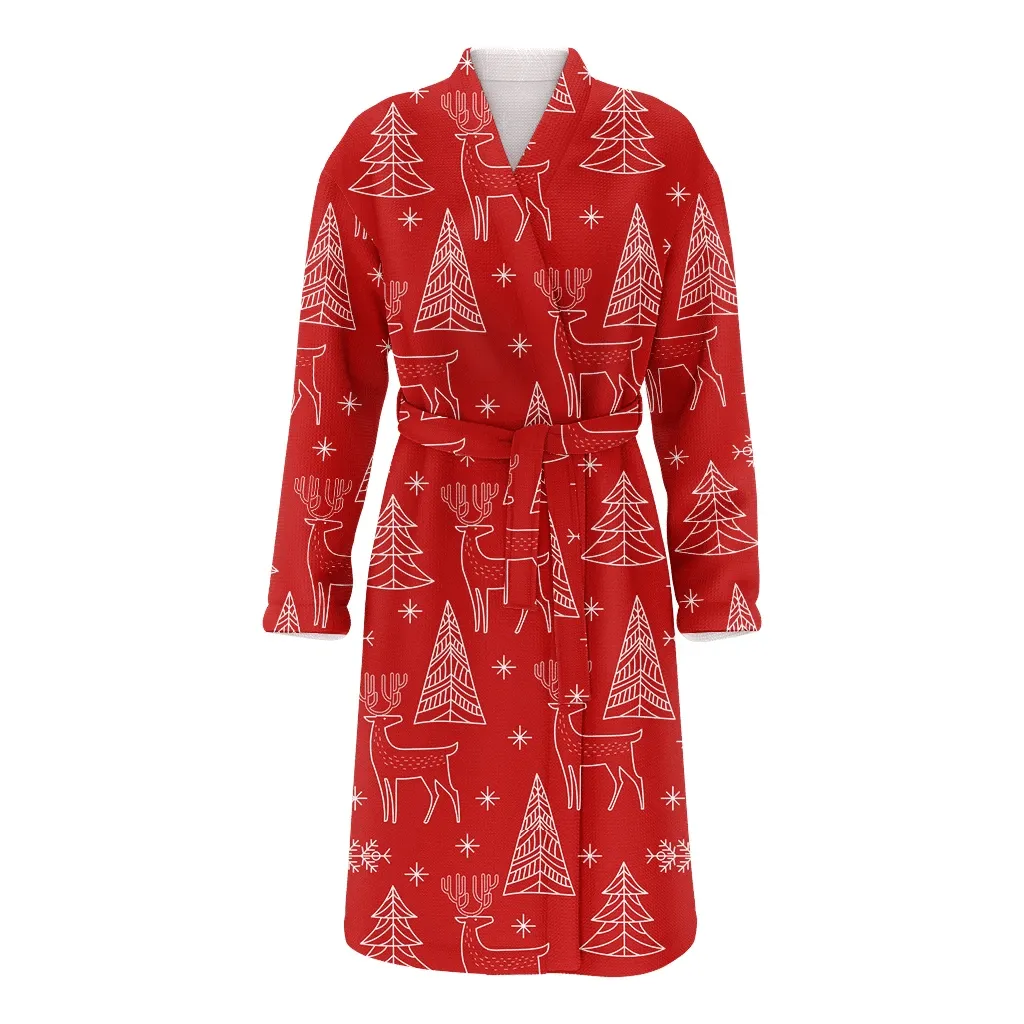 Christmas Winter With Line Deer Tree And Snowflakes Family Matching Kimono Bathrobe Satin Fleece Robe
