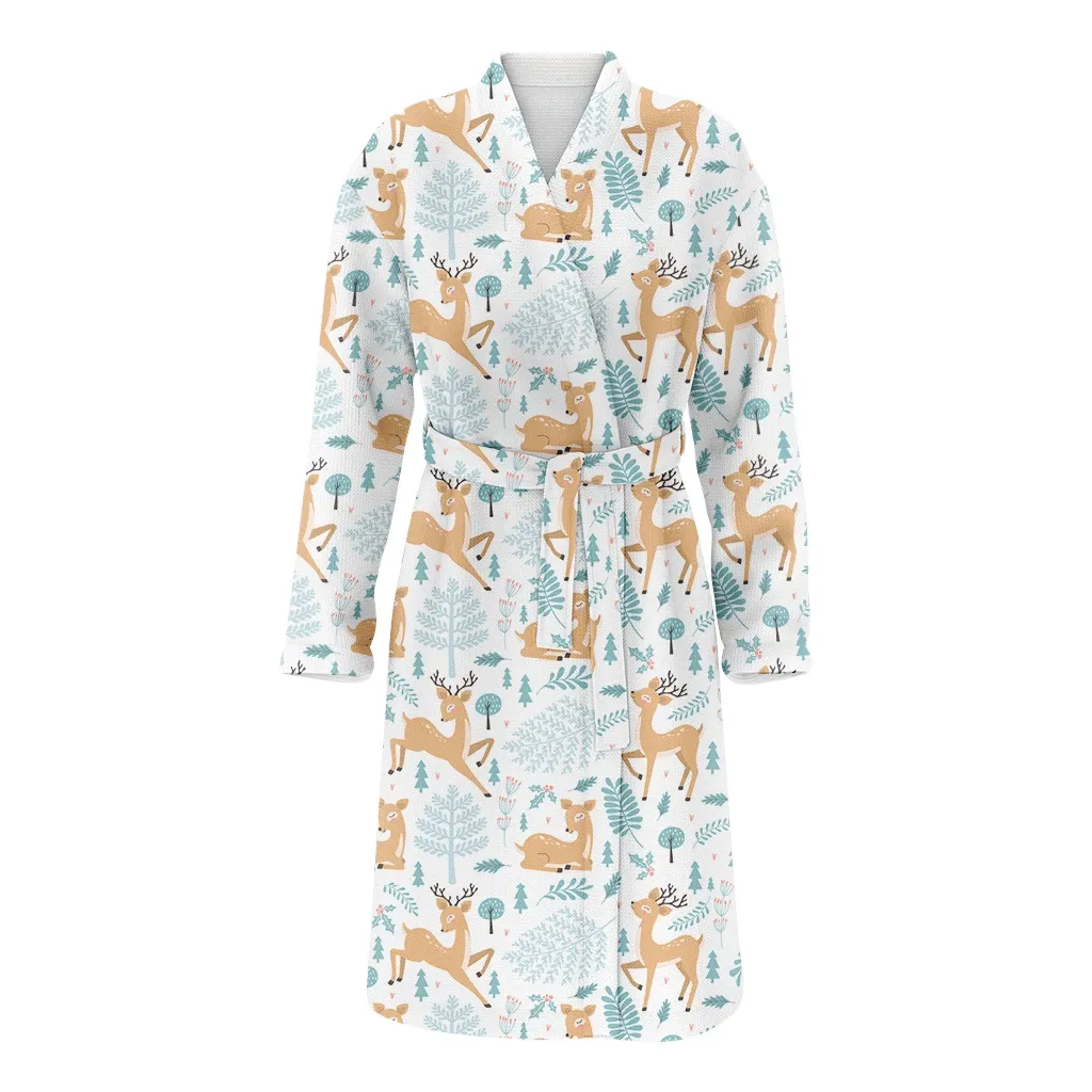 Christmas Winter With Little Deer And Leaves Family Matching Kimono Bathrobe Satin Fleece Robe