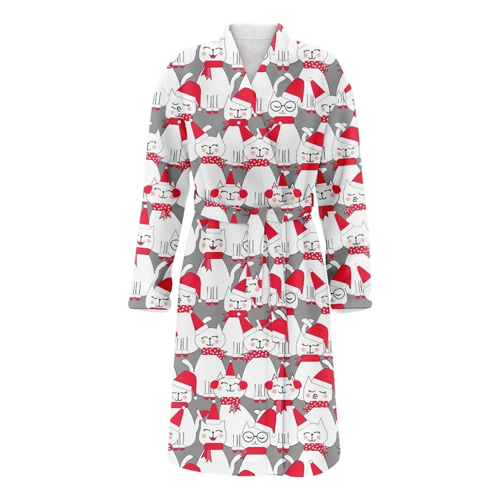 Christmas With Cute Santa Cats On Grey Family Matching Kimono Bathrobe Satin Fleece Robe