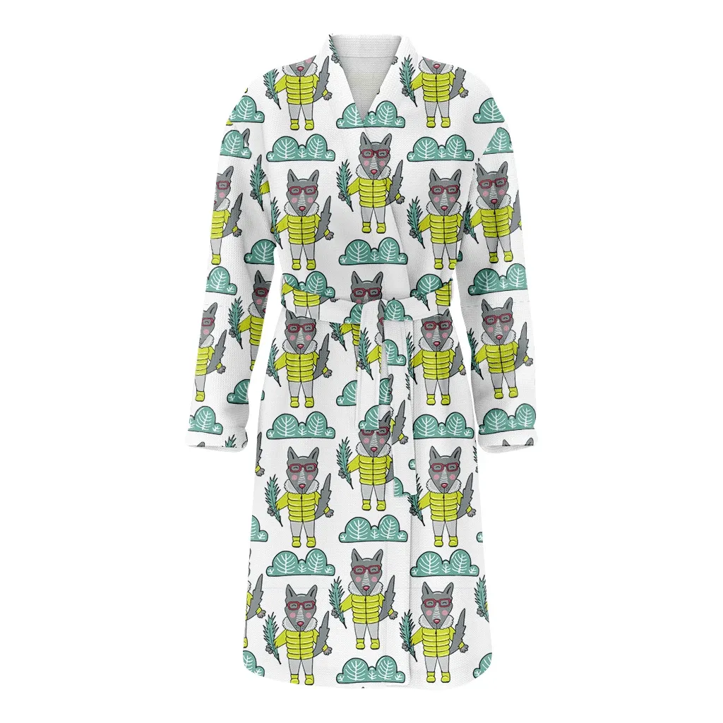 Christmas With Cute Wolfs And Natural Elements Family Matching Kimono Bathrobe Satin Fleece Robe