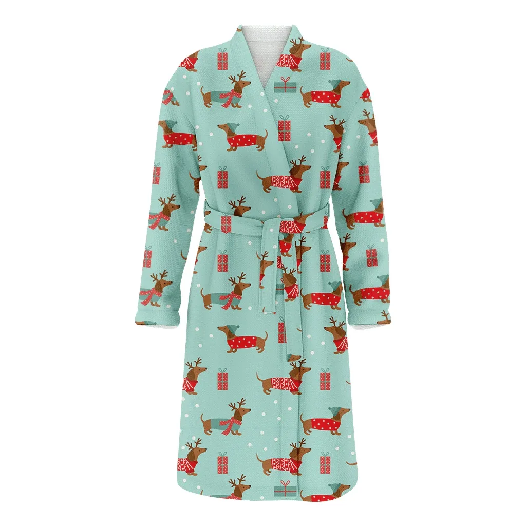 Christmas With Dachshund With Snowflakes Boxes Of Presents Family Matching Kimono Bathrobe Satin Fleece Robe