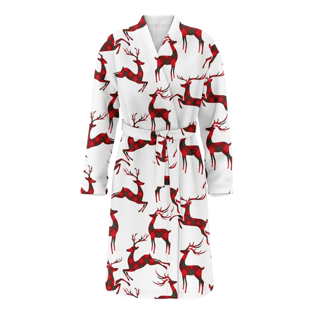 Christmas With Deer On Tartan Background Family Matching Kimono Bathrobe Satin Fleece Robe