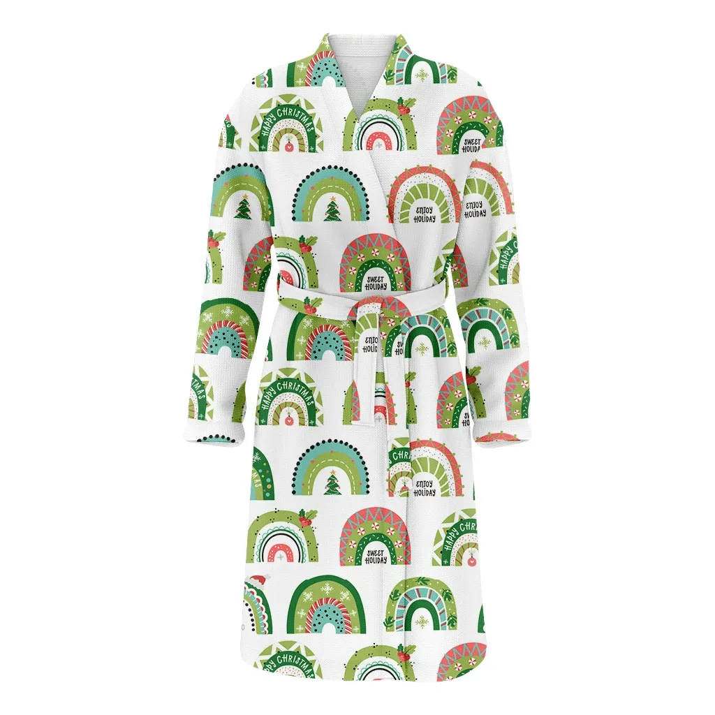 Christmas With Festive Rainbows Hand Drawn Family Matching Kimono Bathrobe Satin Fleece Robe