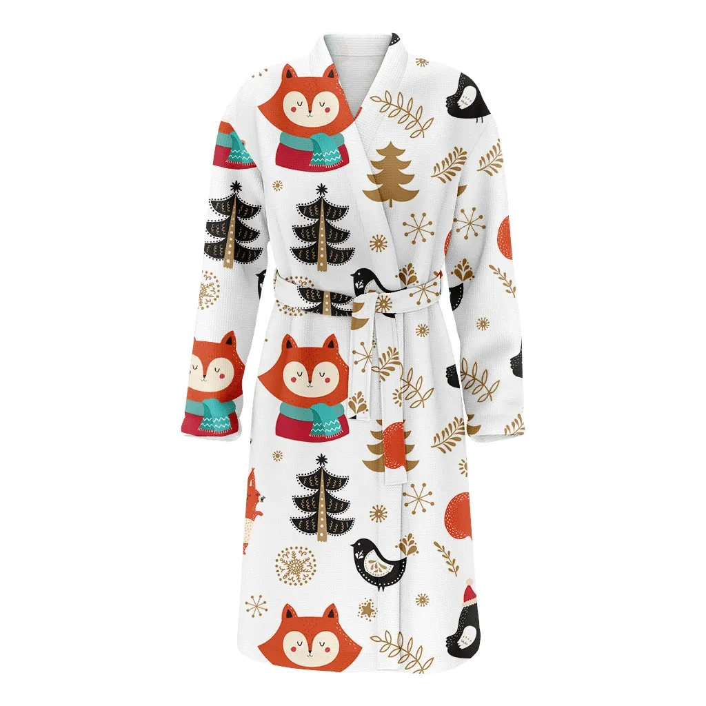 Christmas With Fox Bird And Gold Fir Trees Family Matching Kimono Bathrobe Satin Fleece Robe