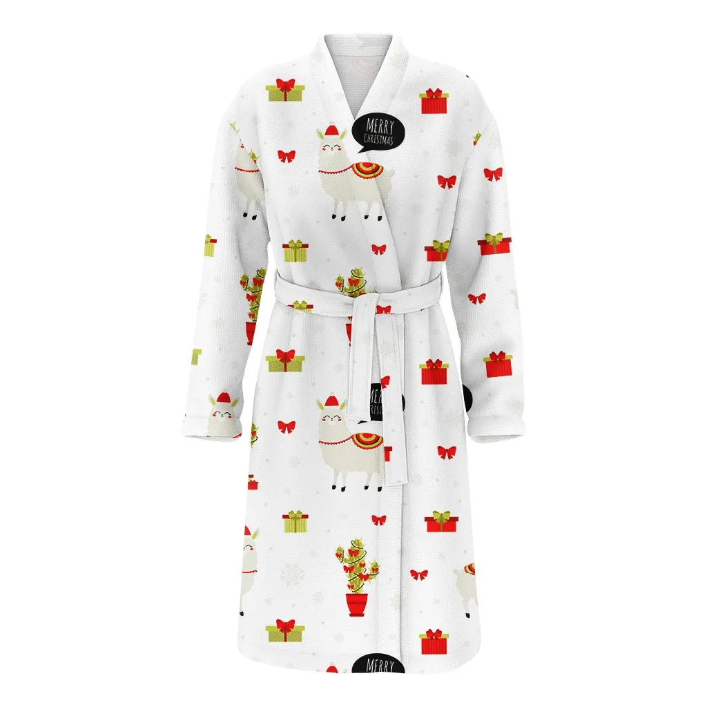 Christmas With Llama Cactus And Gift Boxes Family Matching Kimono Bathrobe Satin Fleece Robe