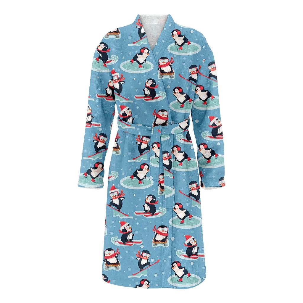 Christmas With Penguin Activities In Winter Family Matching Kimono Bathrobe Satin Fleece Robe