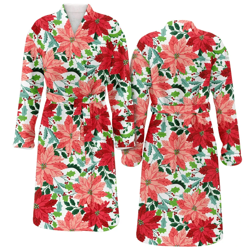 Christmas With Pink And Red Poinsettia Family Matching Kimono Bathrobe Satin Fleece Robe