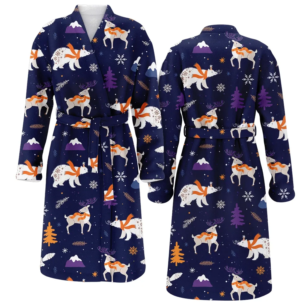 Christmas With Polar Bear And Reindeer In Scarfs Family Matching Kimono Bathrobe Satin Fleece Robe