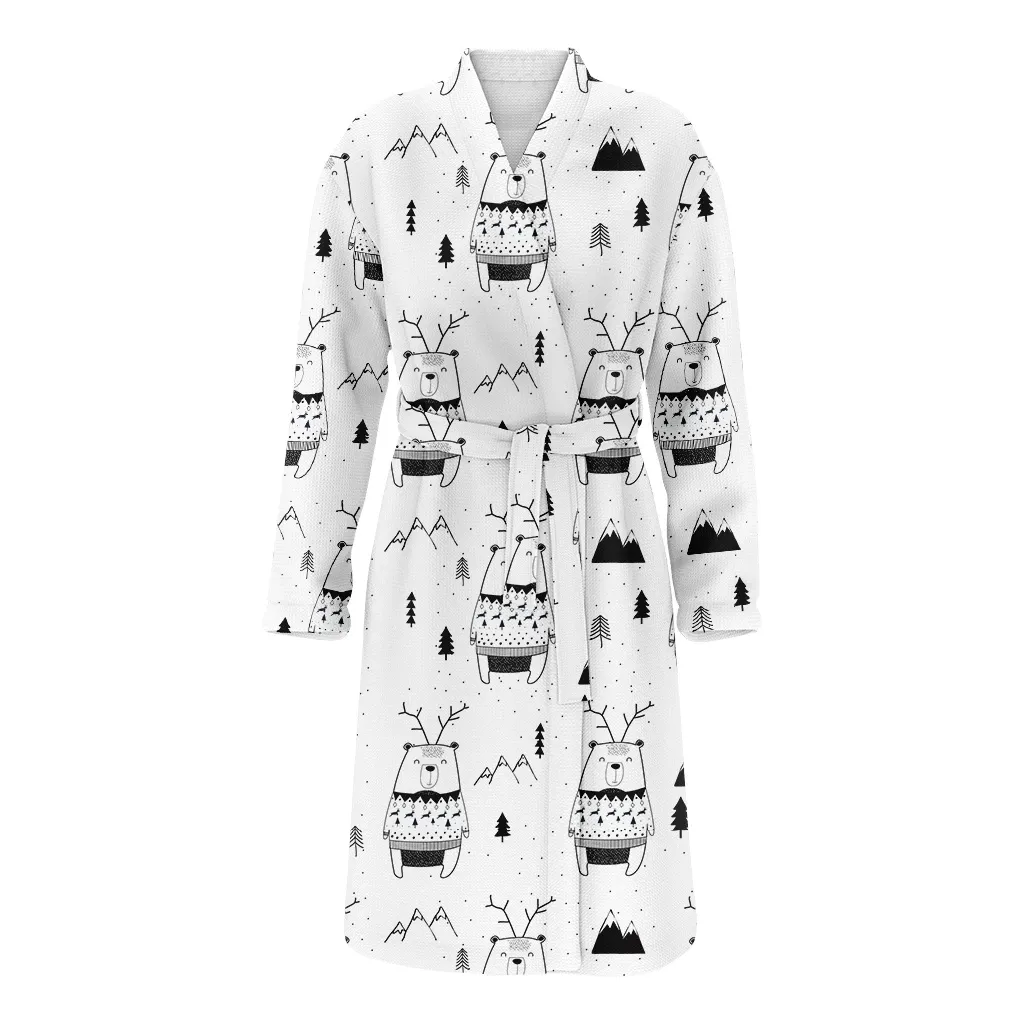 Christmas With Polar Bear And Snow Black White Family Matching Kimono Bathrobe Satin Fleece Robe