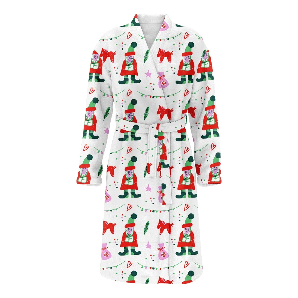 Christmas With Santa Claus And Horse Hand Drawn Family Matching Kimono Bathrobe Satin Fleece Robe