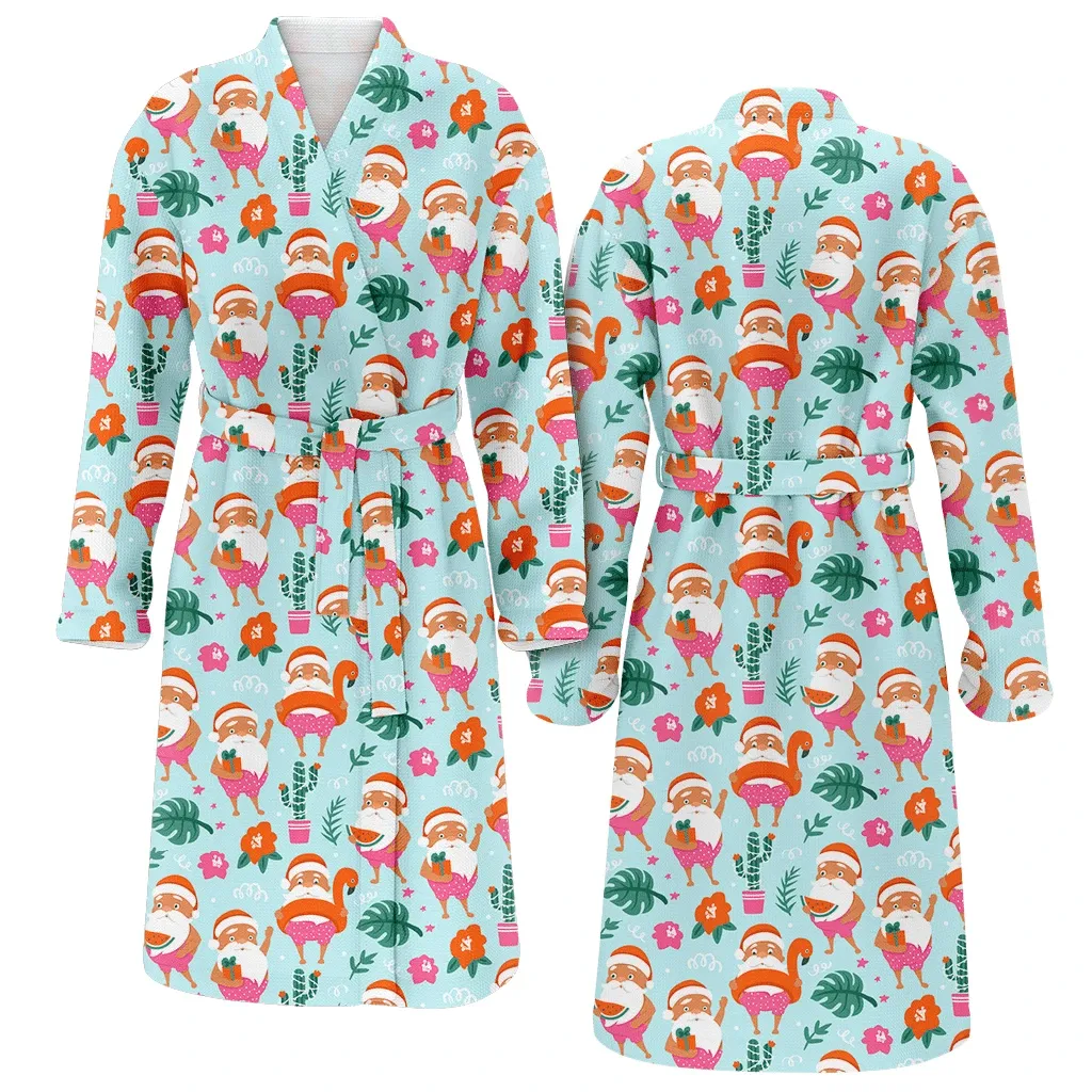 Christmas With Summer Santa Claus In Flamingo Inflatable Ring Family Matching Kimono Bathrobe Satin Fleece Robe