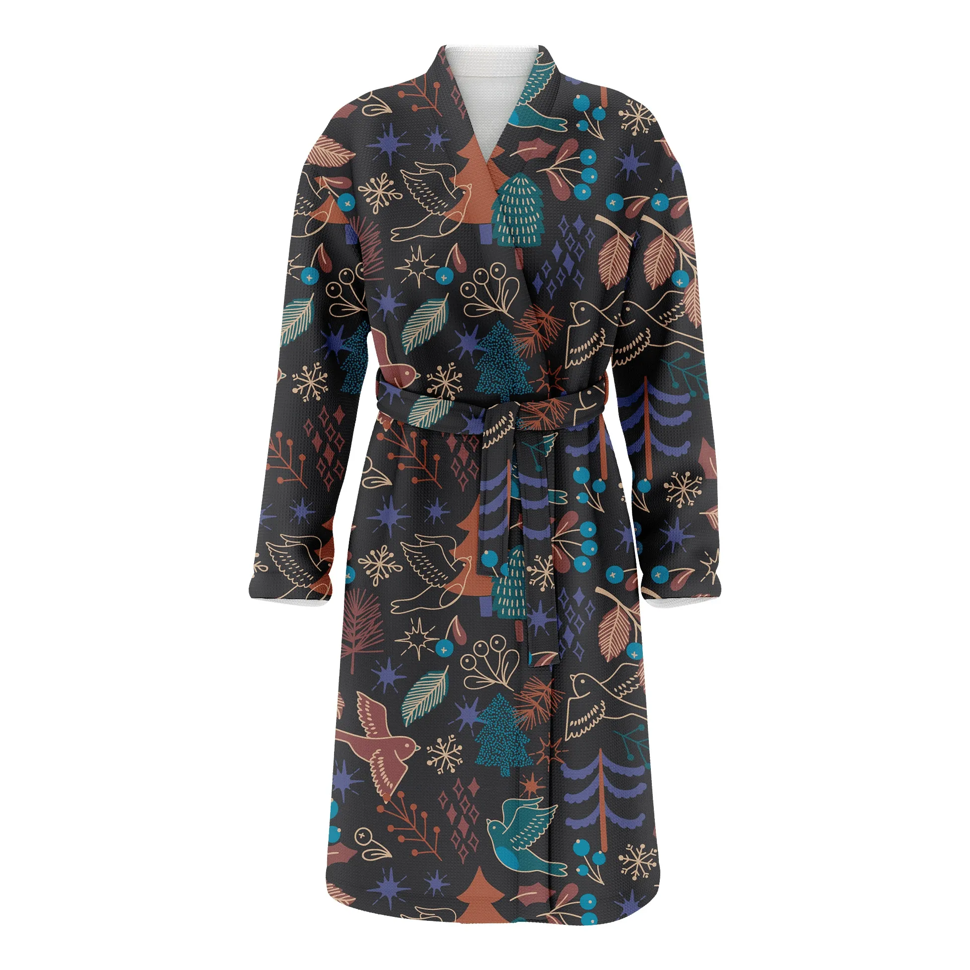 Christmas With Tree And Flying Birds Family Matching Kimono Bathrobe Satin Fleece Robe