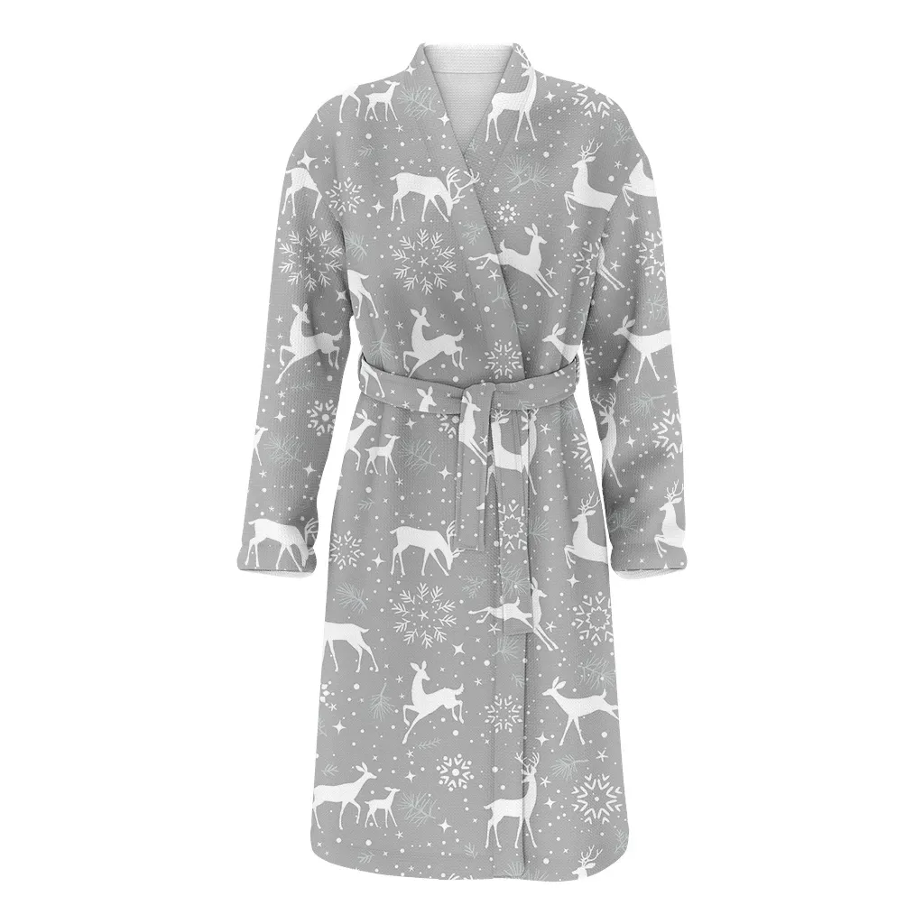 Christmas With White Reindeer And Snowflakes Family Matching Kimono Bathrobe Satin Fleece Robe