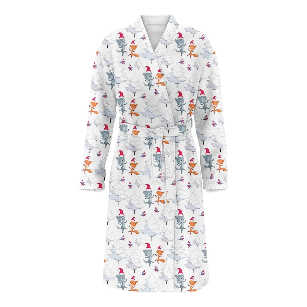 Christmas Wolf And Fir Trees In Cartoon Style Family Matching Kimono Bathrobe Satin Fleece Robe