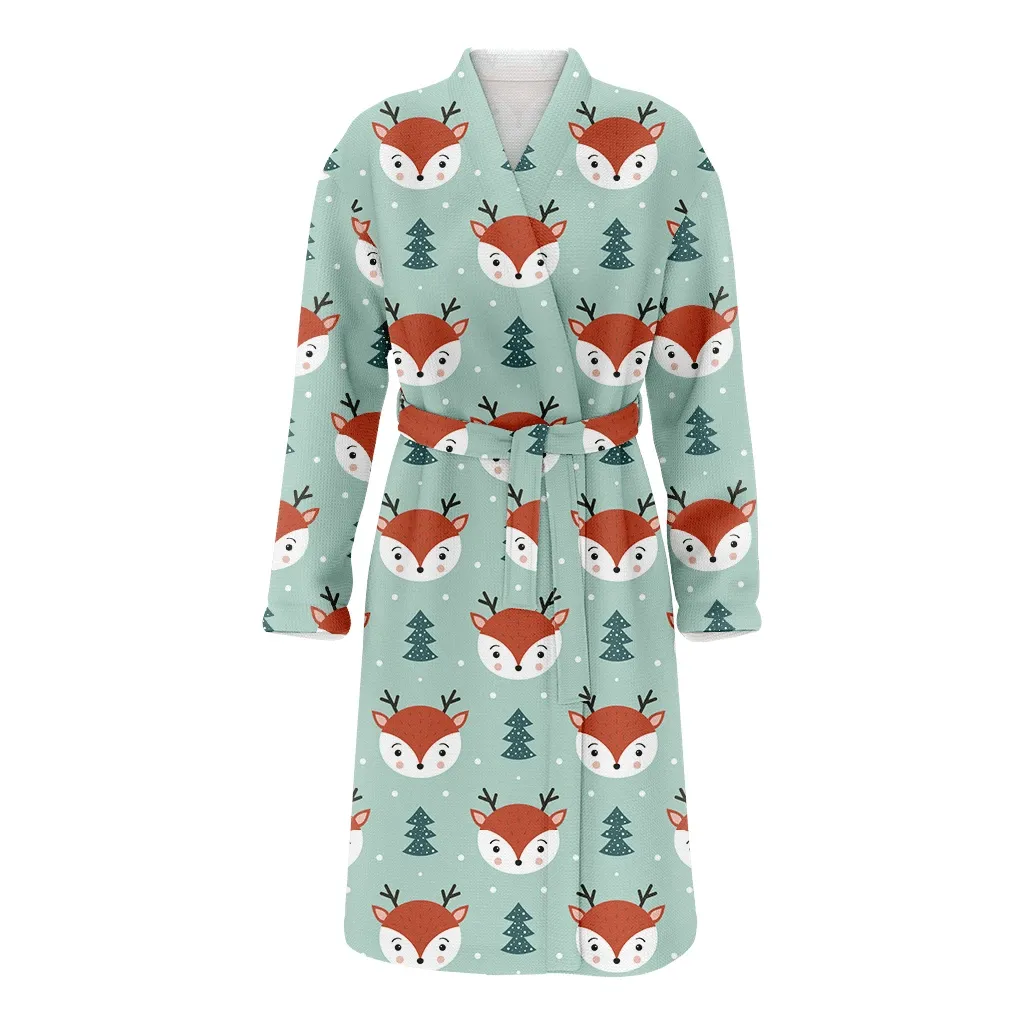Christmas Woodland Forest Reindeer And Snow Family Matching Kimono Bathrobe Satin Fleece Robe