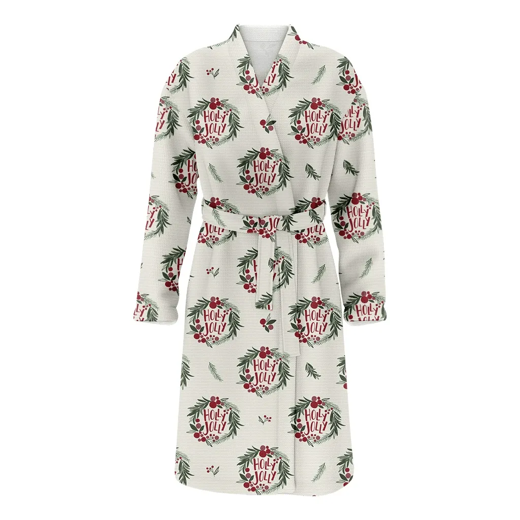 Christmas Wreath Holly Jolly Leaf Text With Red Berries Family Matching Kimono Bathrobe Satin Fleece Robe