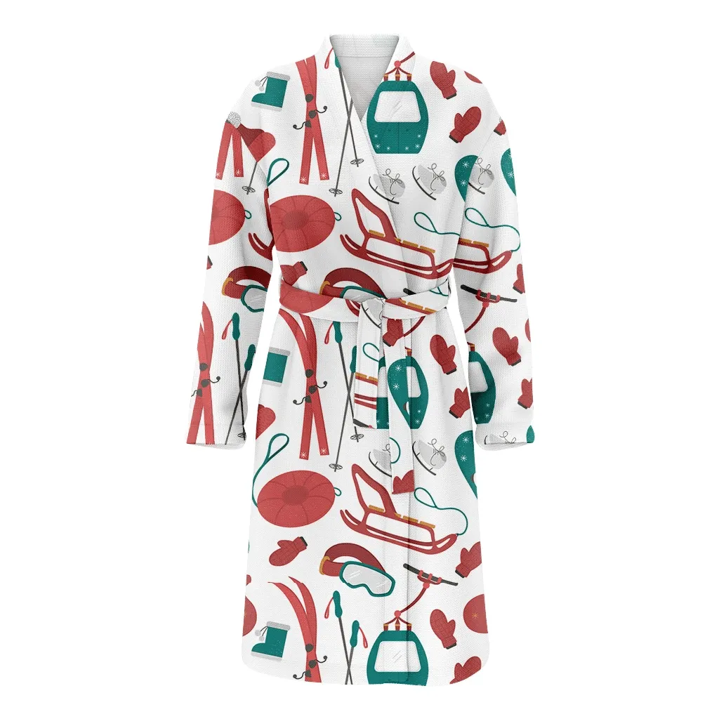 Cold Season Sport Equipment With Mittens Shoes Illustration Christmas Gift Family Matching Kimono Bathrobe Satin Fleece Robe