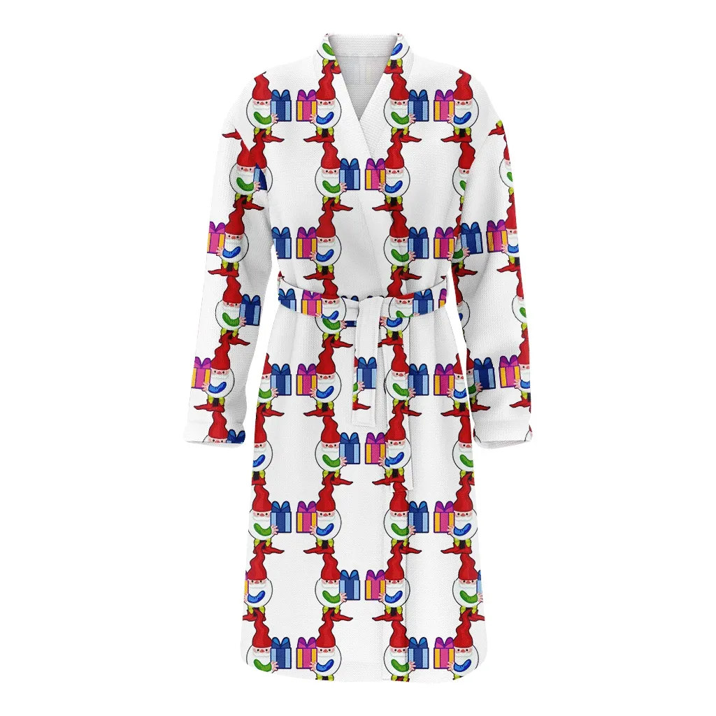 Colored Gifts And Gnomes Rectangles Pattern Christmas Family Matching Kimono Bathrobe Satin Fleece Robe