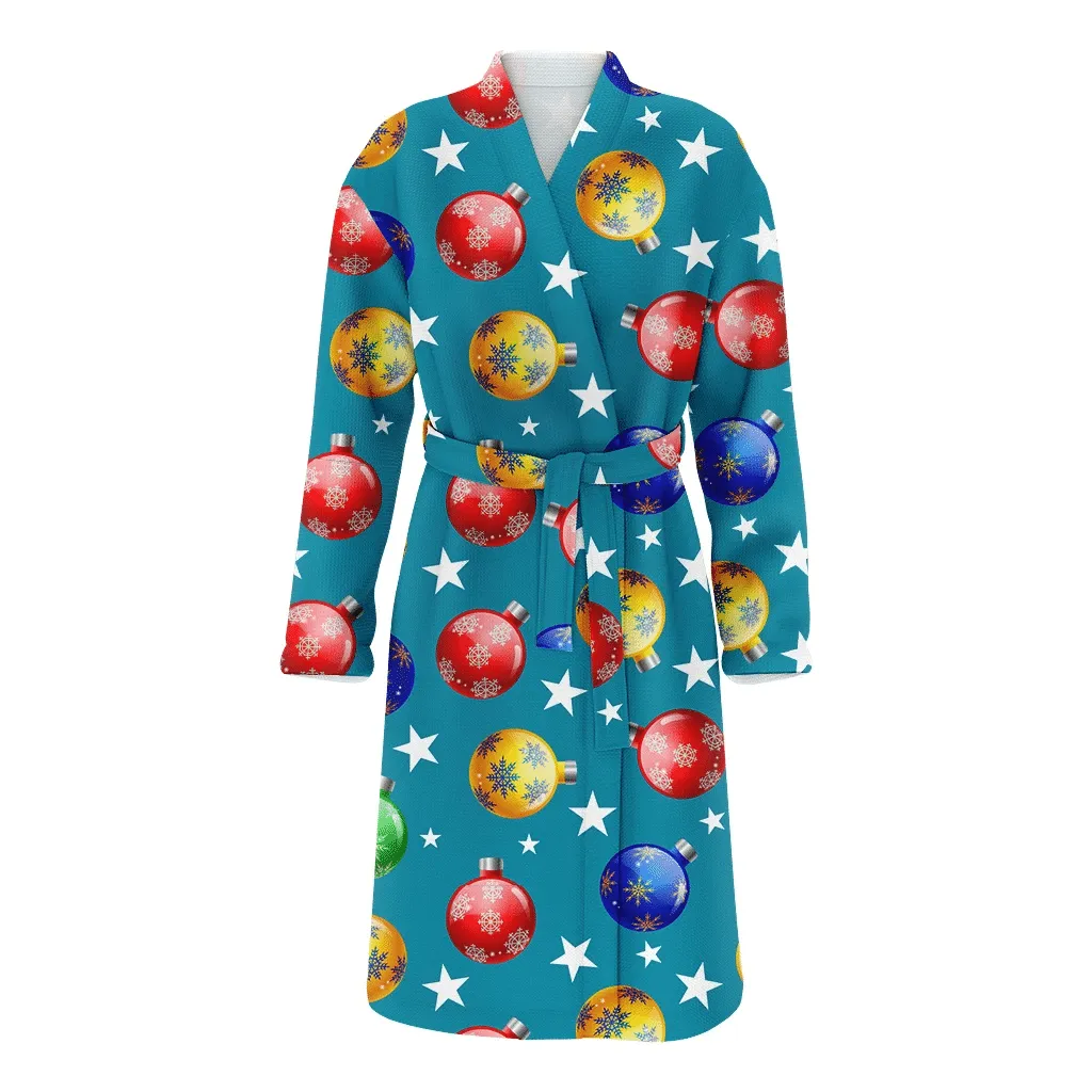 Colored Snowflake Balls And White Stars Pattern Christmas Family Matching Kimono Bathrobe Satin Fleece Robe