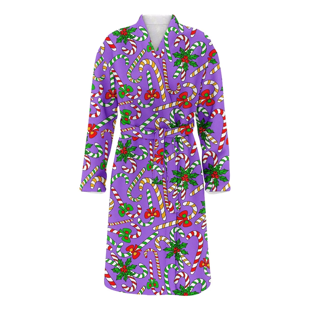 Colorful Candy Cane Lollipops And Christmas Gift Holly Family Matching Kimono Bathrobe Satin Fleece Robe