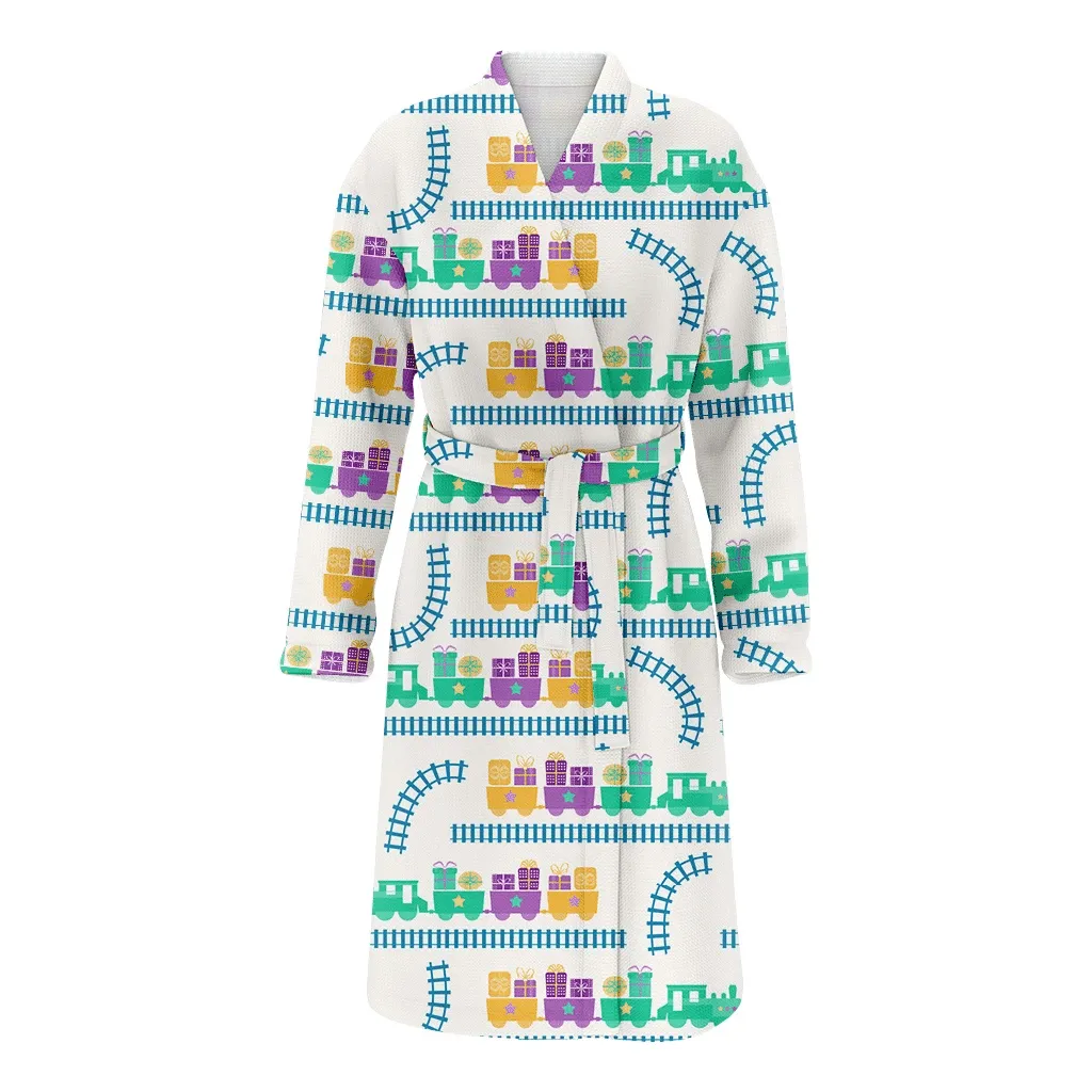 Colorful Cartoon Pattern With Train And Gift Boxes Christmas Gift Family Matching Kimono Bathrobe Satin Fleece Robe