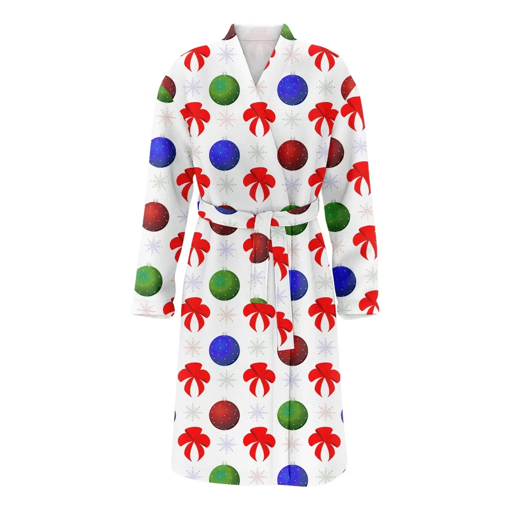 Colorful Christmas Balls And Festive Red Bows Snowflakes Family Matching Kimono Bathrobe Satin Fleece Robe