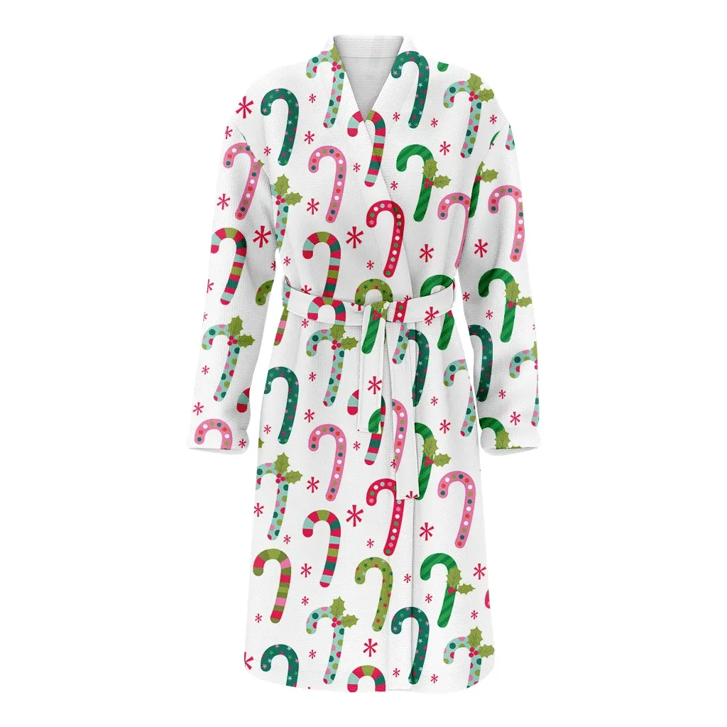Colorful Christmas Gift Candy Cane And Holly Family Matching Kimono Bathrobe Satin Fleece Robe