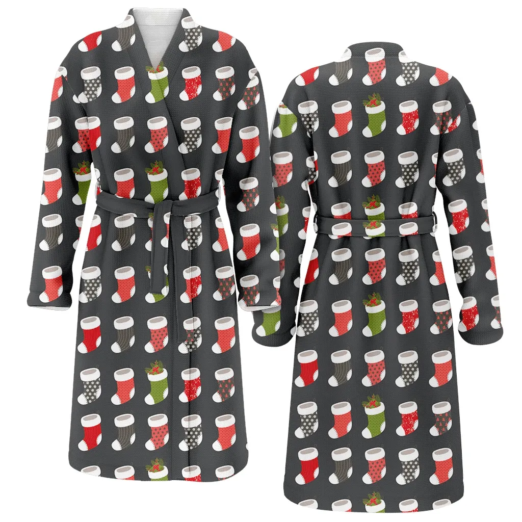 Colorful Christmas Gift Sock On Gray Background Family Matching Kimono Bathrobe Satin Fleece Robe