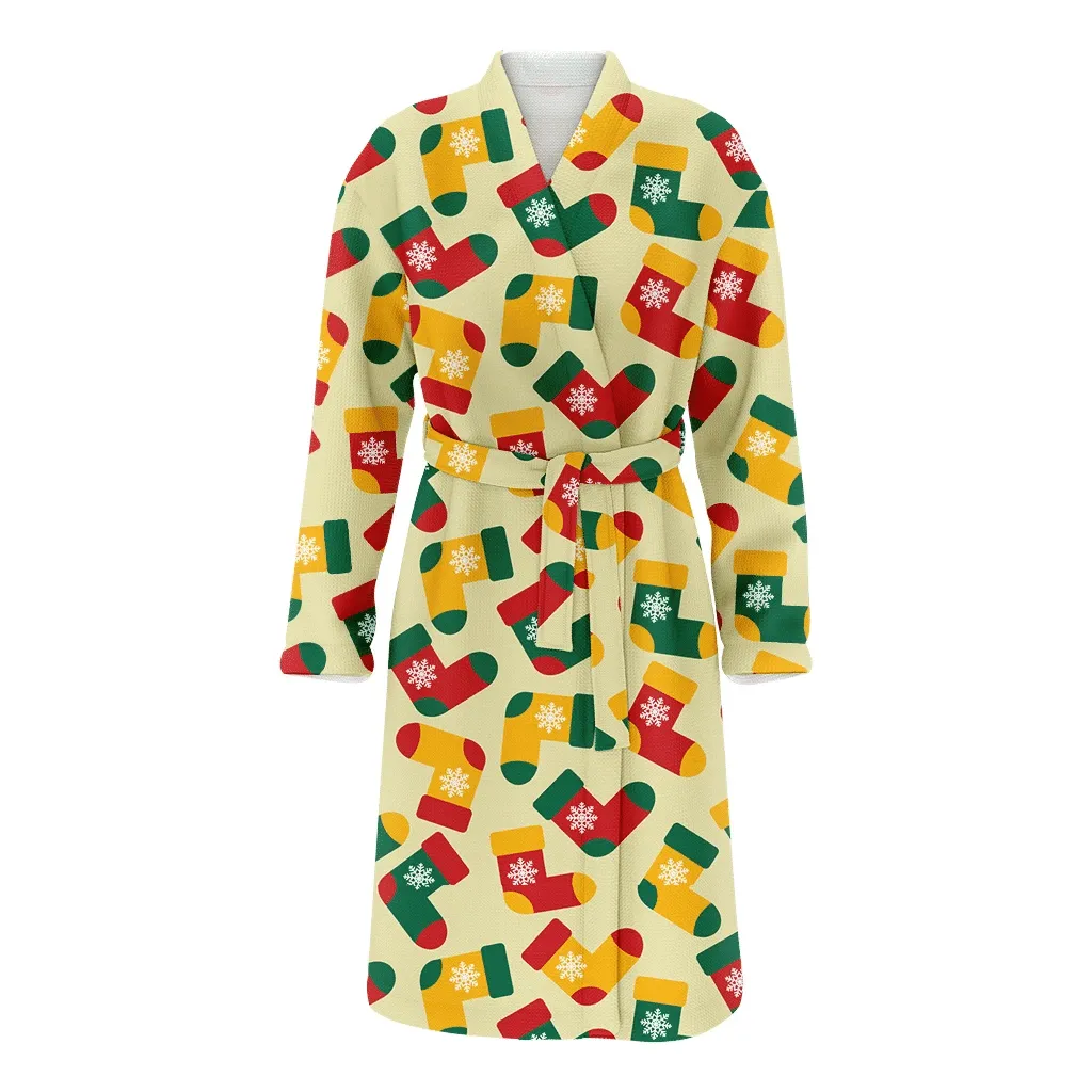 Colorful Christmas Gift Socks With White Snowflake Family Matching Kimono Bathrobe Satin Fleece Robe