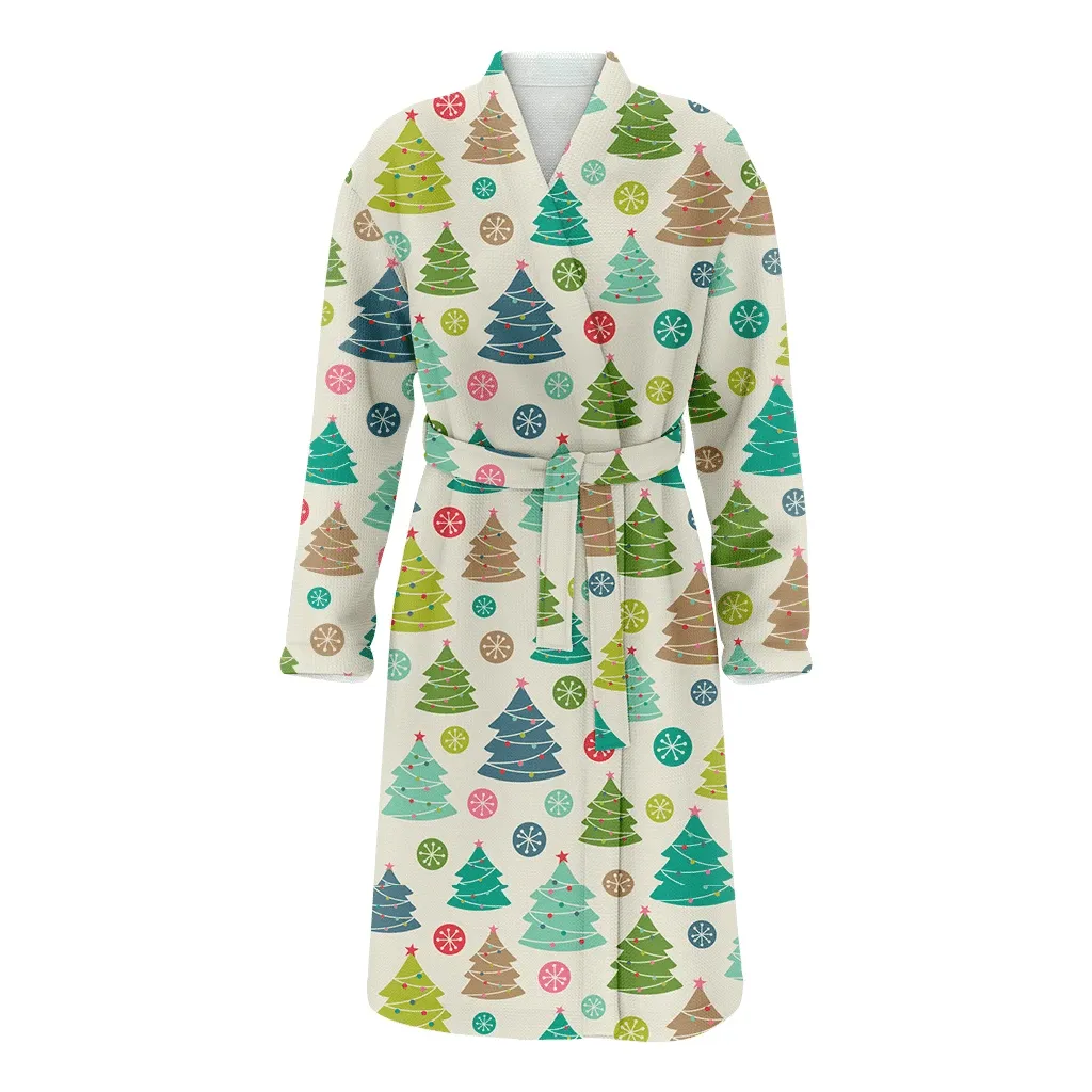 Colorful Christmas Gift Tree And Snowflakes Family Matching Kimono Bathrobe Satin Fleece Robe