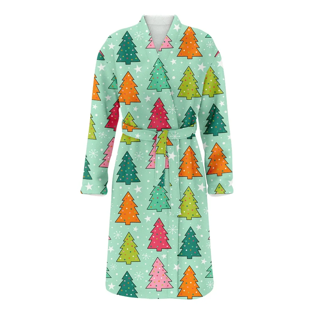 Colorful Christmas Gift Trees And White Stars Snowflakes Family Matching Kimono Bathrobe Satin Fleece Robe