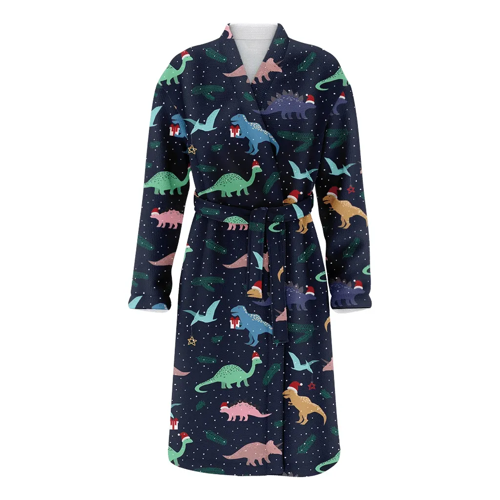 Colorful Dino Characters With Santa Hats And Gifts Christmas Family Matching Kimono Bathrobe Satin Fleece Robe