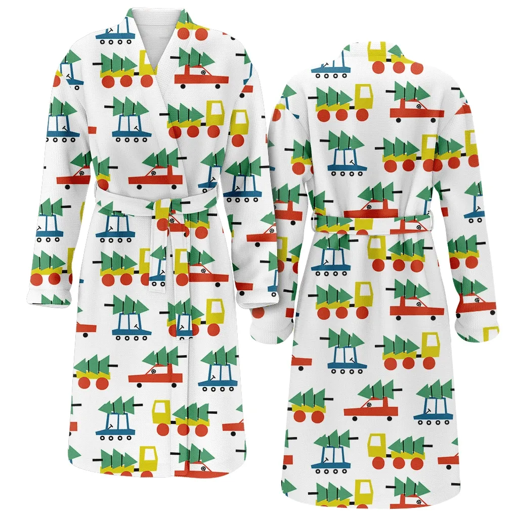 Colorful Drawing Elements With Cars Trucks And Pine Trees Christmas Gift Family Matching Kimono Bathrobe Satin Fleece Robe