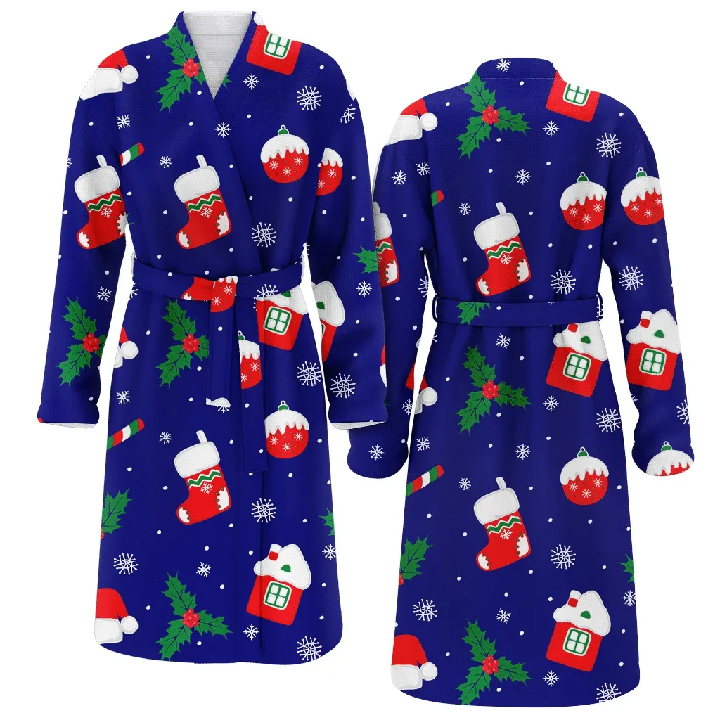 Colorful Holly Socks Santa Hats Christmas Gift Sugar Cane And House Family Matching Kimono Bathrobe Satin Fleece Robe