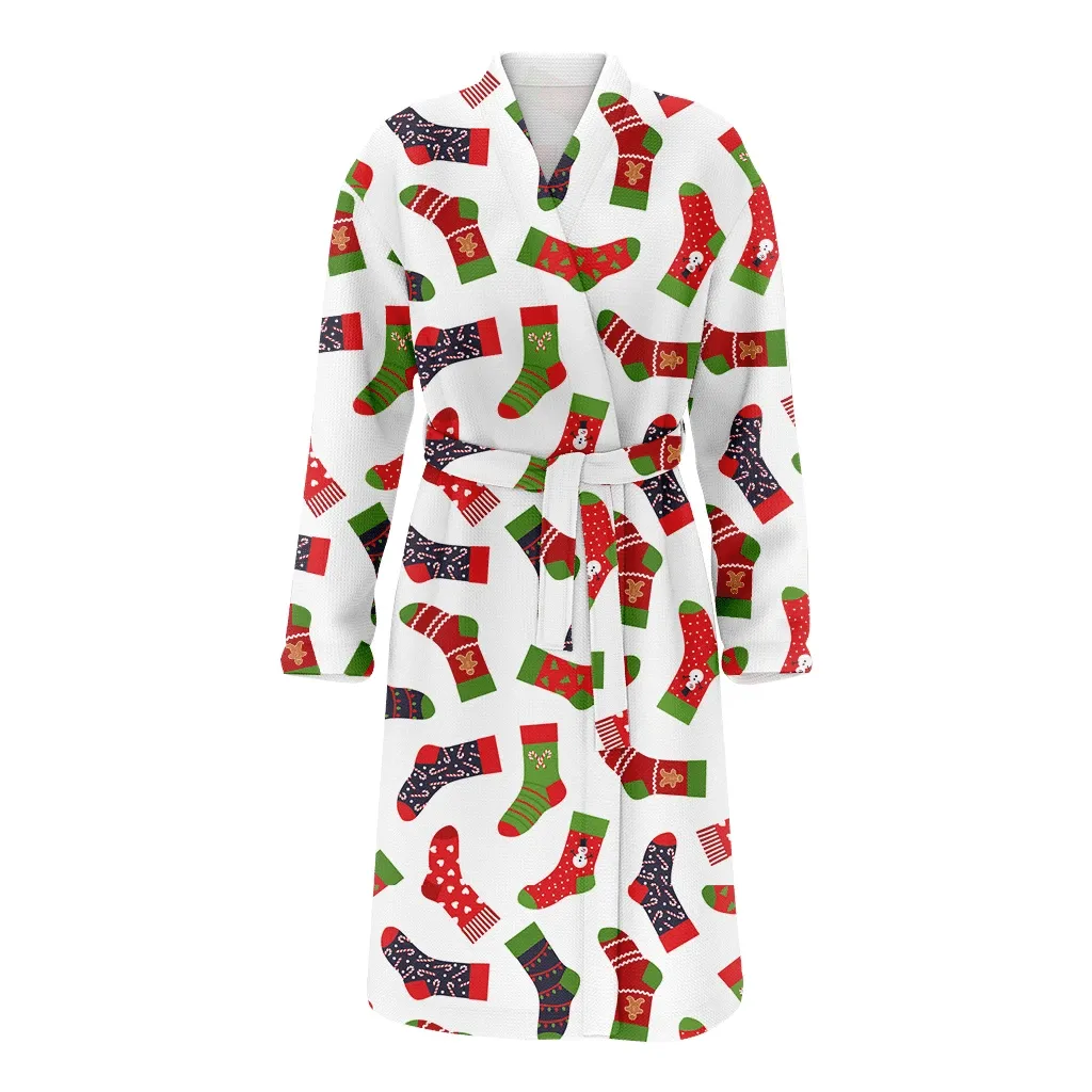 Colorful Socks With Christmas Gift Candy Snowman Ginger Biscuit Family Matching Kimono Bathrobe Satin Fleece Robe