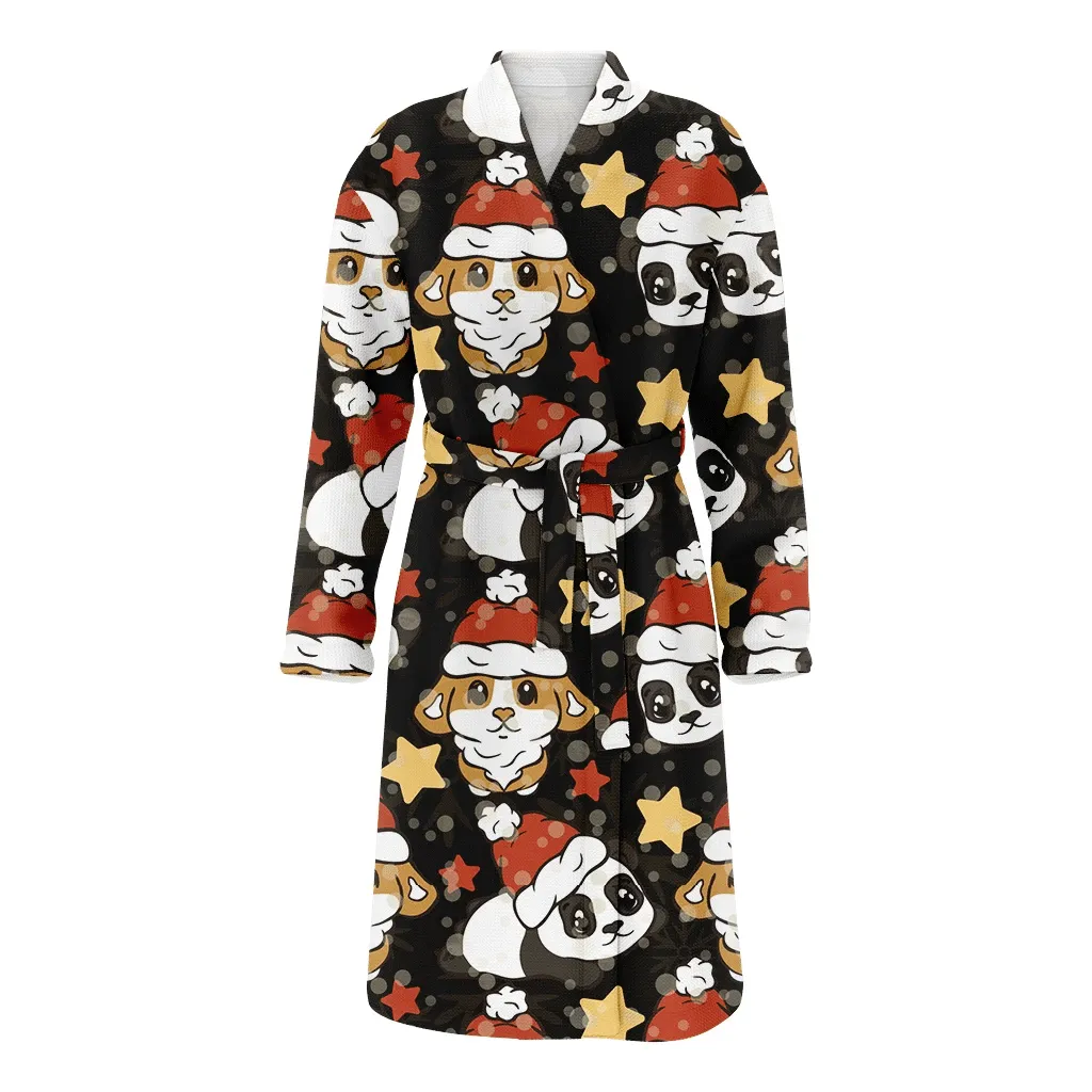 Corgi Dog And Panda Bear In Santa’s Red Christmas Family Matching Kimono Bathrobe Satin Fleece Robe