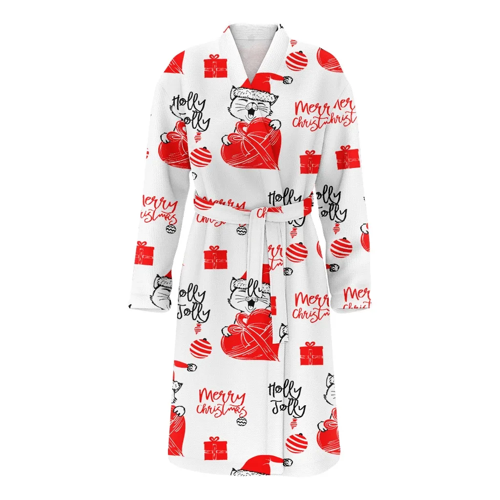 Cute Baby Cat Merry Christmas On White Family Matching Kimono Bathrobe Satin Fleece Robe