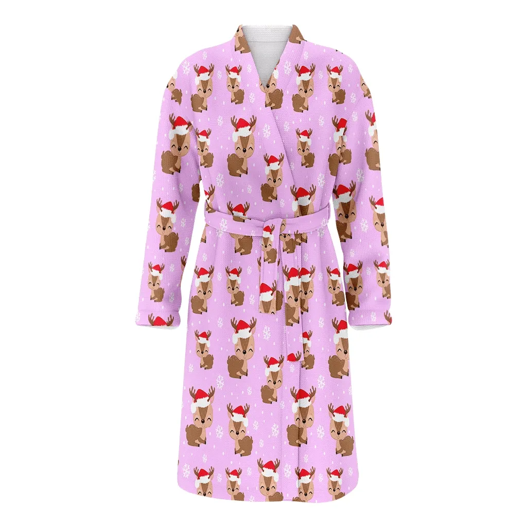 Cute Baby Reindeer Christmas Pink Background Pattern Family Matching Kimono Bathrobe Satin Fleece Robe