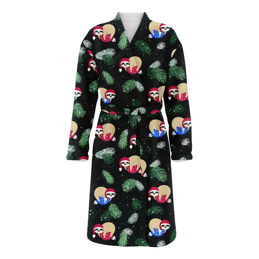 Cute Baby Sloths Sleeping On Red Xmas Ball Christmas Family Matching Kimono Bathrobe Satin Fleece Robe