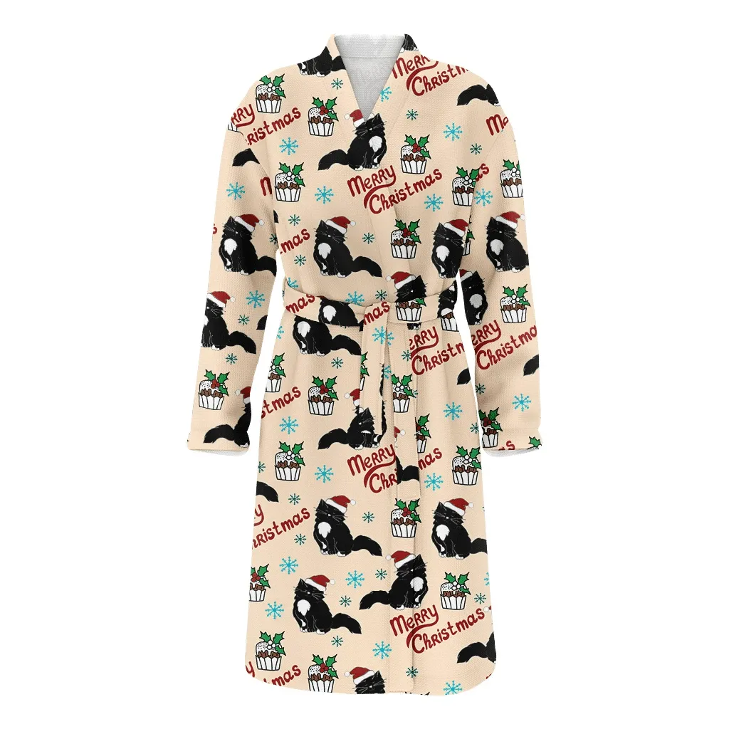 Cute Black Cat Kitten Santa Hat With Cupcakes Pattern Christmas Gift Family Matching Kimono Bathrobe Satin Fleece Robe