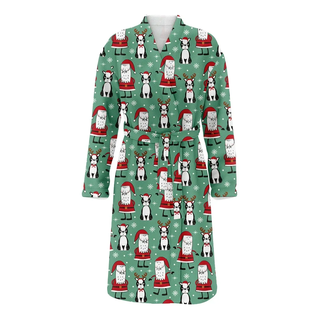 Cute Boston Terriesr And Santa Claus Christmas Family Matching Kimono Bathrobe Satin Fleece Robe