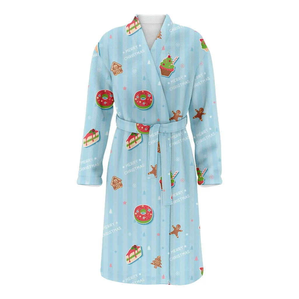 Cute Cakes With Donuts Cupcakes Ice Cream On Blue Striped Background Christmas Gift Family Matching Kimono Bathrobe Satin Fleece Robe