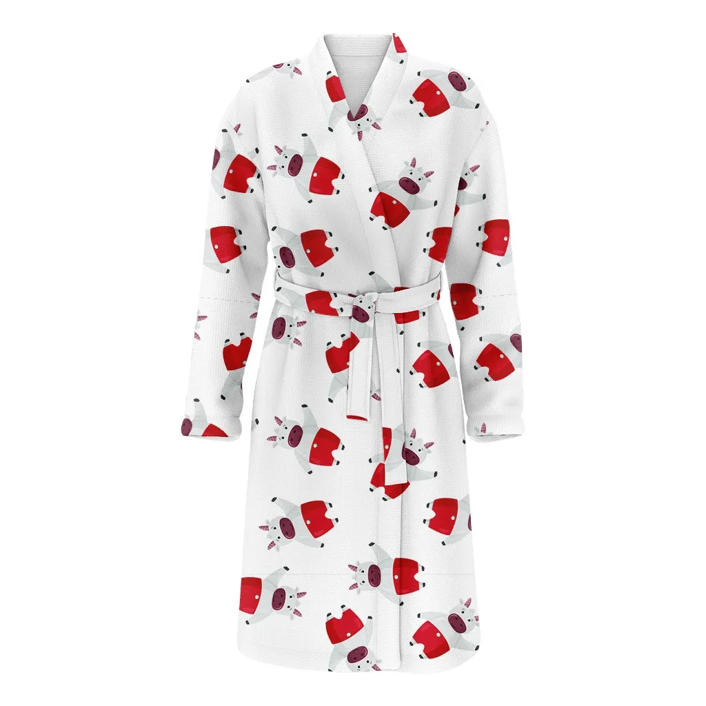 Cute Cartoon Cow Christmas Character Background Family Matching Kimono Bathrobe Satin Fleece Robe