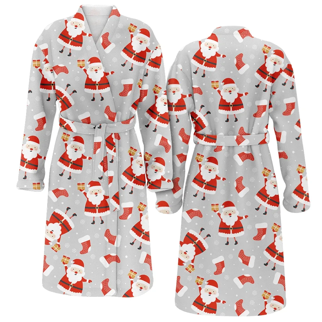 Cute Cartoon Santa Claus With Gifts On Christmas Gift Day Family Matching Kimono Bathrobe Satin Fleece Robe