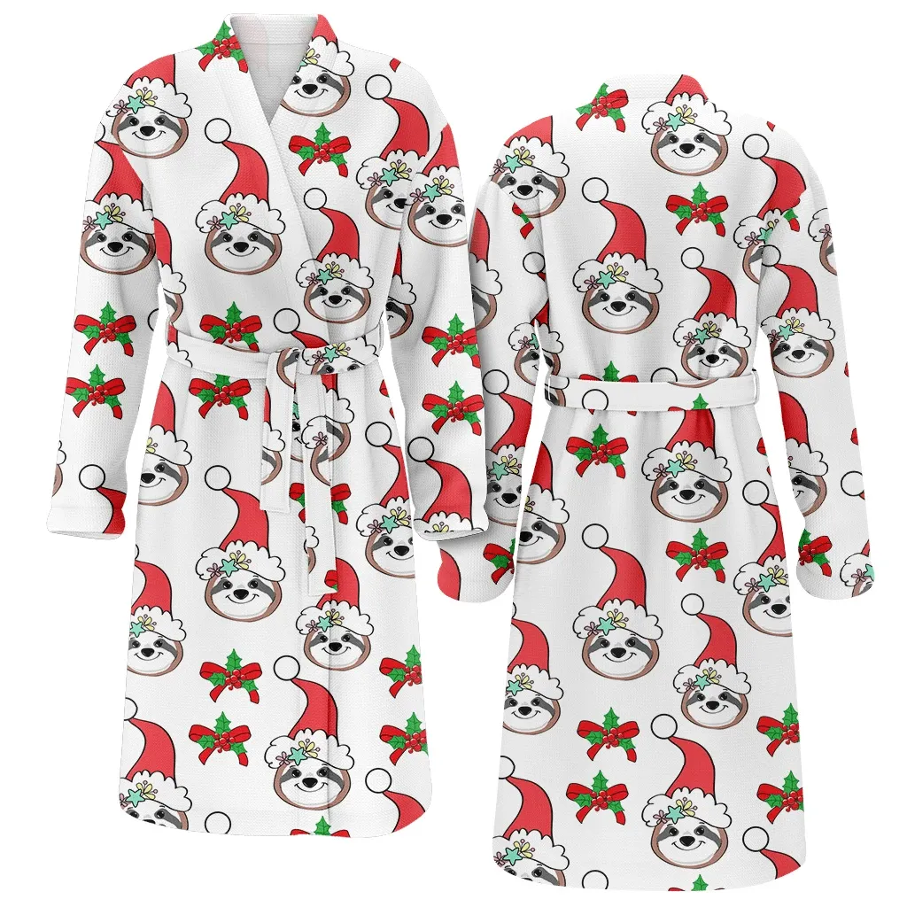 Cute Cartoon Sloth Face With Christmas Hat Family Matching Kimono Bathrobe Satin Fleece Robe