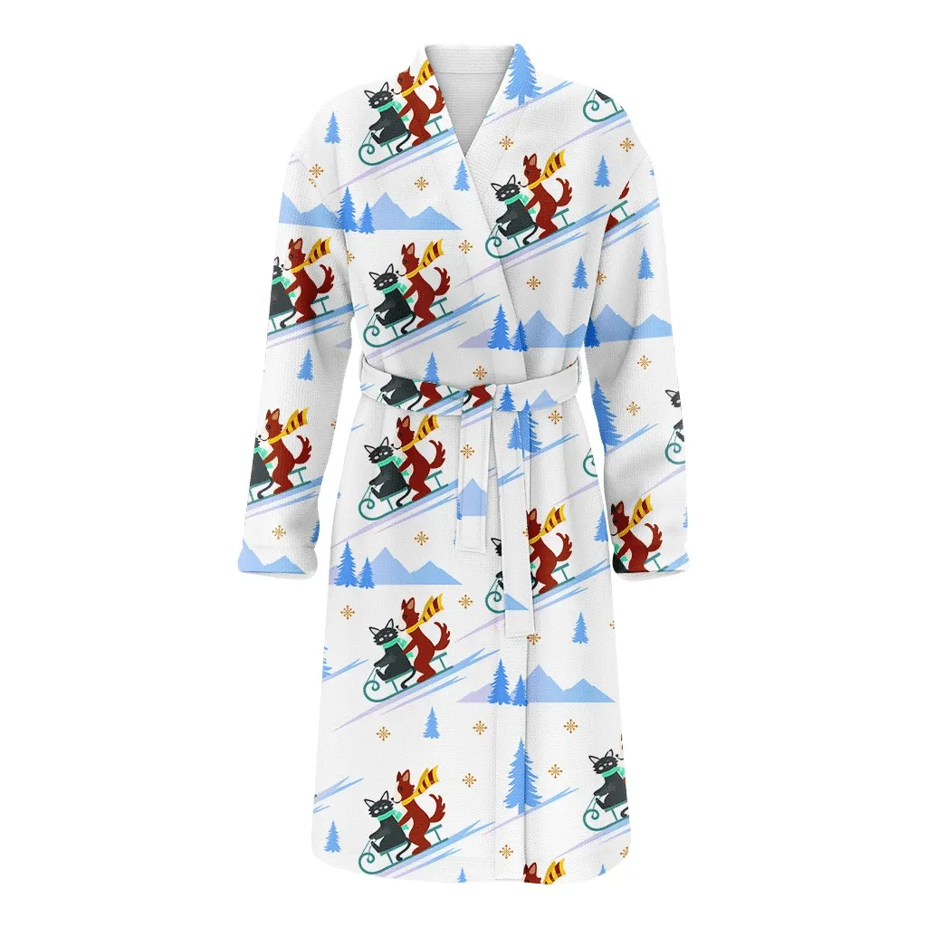 Cute Cat And Dog Sledding Down A Mountain Christmas Family Matching Kimono Bathrobe Satin Fleece Robe