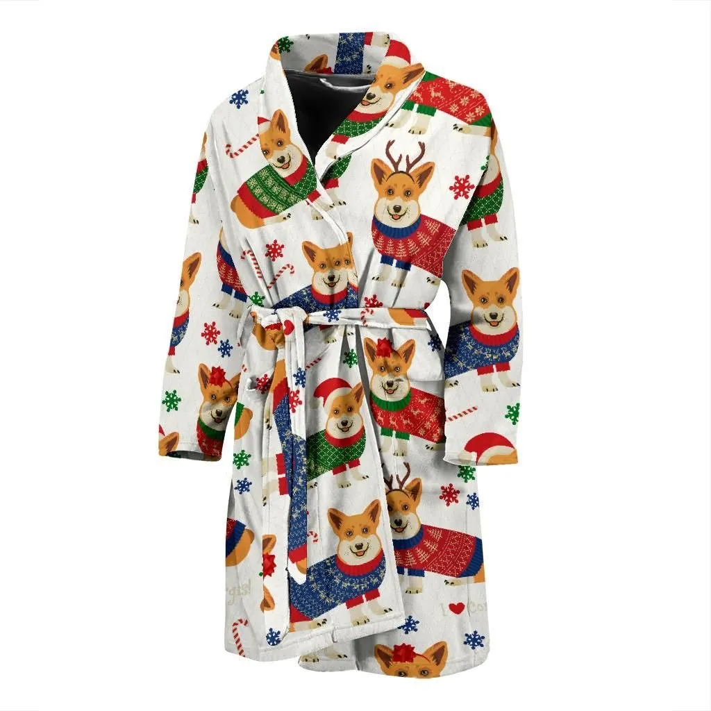 Cute Christmas Corgis Dog Family Matching Kimono Bathrobe Satin Fleece Robe