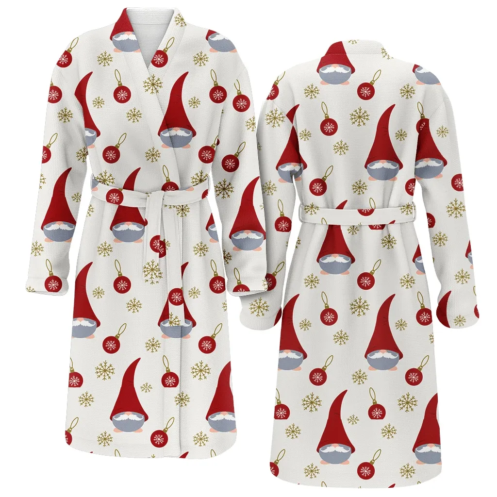 Cute Christmas Gift Gnome Ball And Snowflakes. Family Matching Kimono Bathrobe Satin Fleece Robe