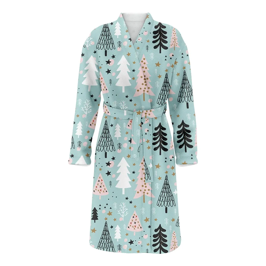Cute Christmas Gift Tree Snowball And Stars Family Matching Kimono Bathrobe Satin Fleece Robe